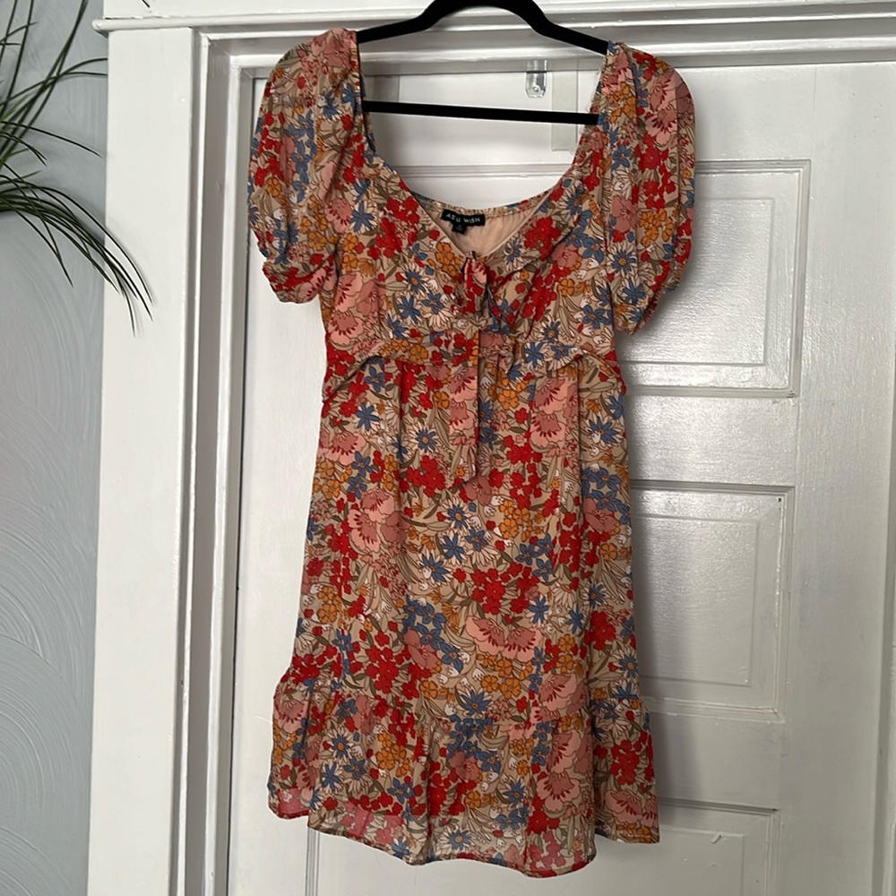 As U Wish Womens S Dress Floral Lined Short Sleeve Tie Front Sweetheart Neck NWT